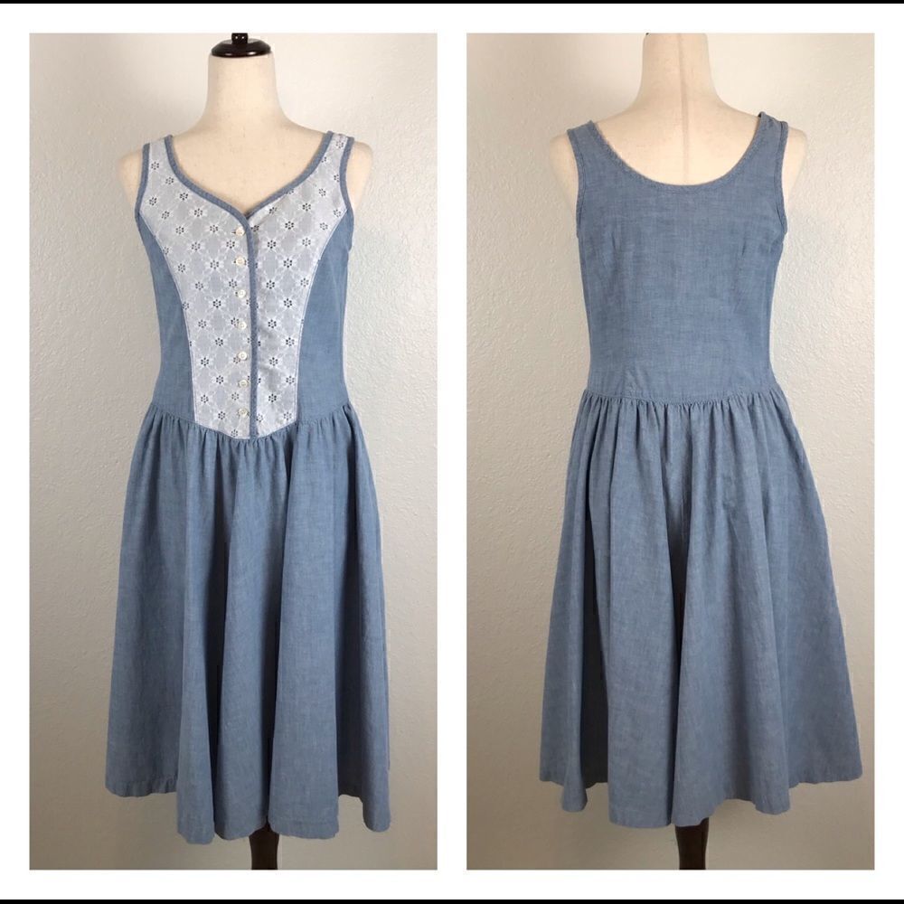Vintage cottage core chambray white eyelet button front dress S/M Milkmaid‎